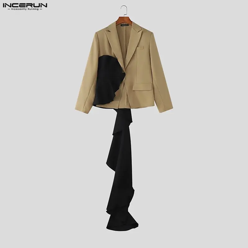 

INCERUN Men Blazer Patchwork Ruffle Lapel Long Sleeve Casual Irregular Blazer Men Streetwear One Button Fashion Male Suit S-5XL