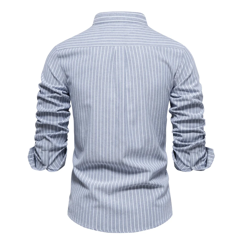 AIOPESON Solid Color Striped Men\'s Shirts Single Pocket Stand Collar Long-sleeved Shirts for Men New Spring Social Shirts Men