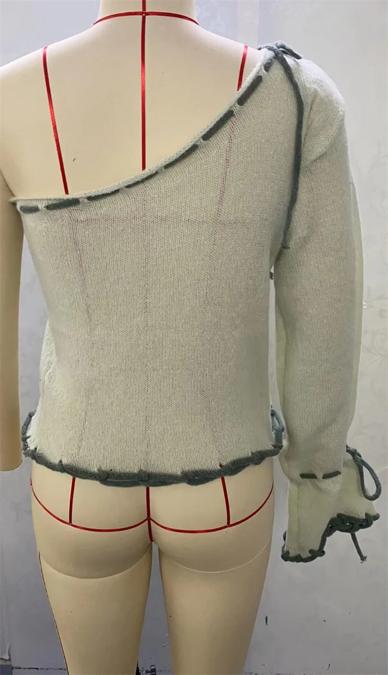 セクシーなワンショルダーロングスリーブボウノットレースアップセーター女性用プルオーバーシアーニットクロップトップ水着ビーチビキニカバーアップ