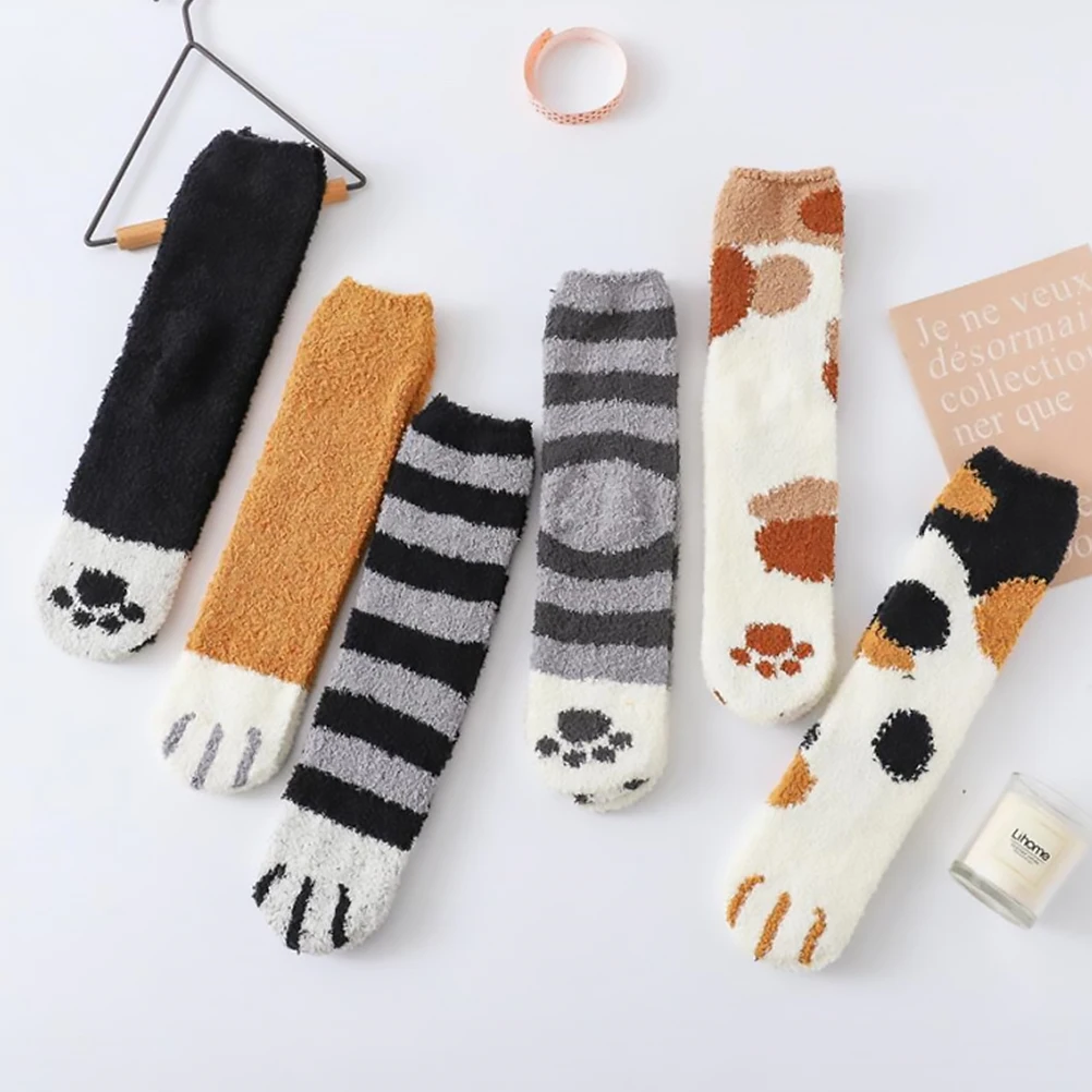 6 pares de calcetines cálidos y esponjosos de invierno, medias gruesas de lana Coral, calcetines con huella de pata de gato y garra de Animal, calcetines para dormir en el suelo del hogar