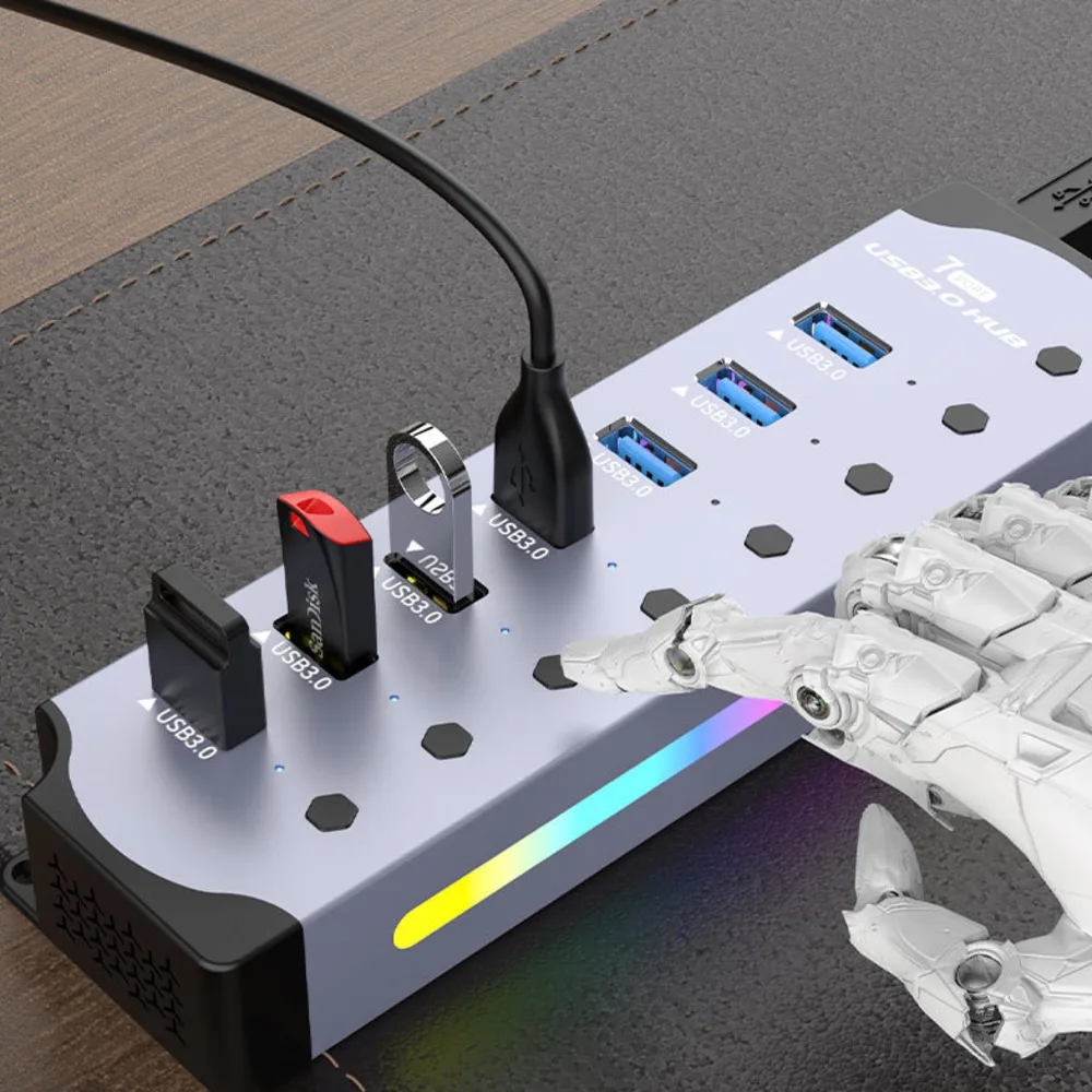 10 in 1 Powered USB3.0 Interface Docking Station Cool RGB Light Mouse Keyboard HUB Aluminum Alloy Computer Converter Connector