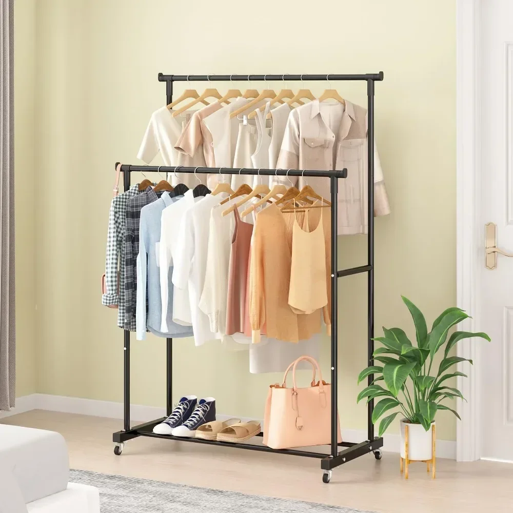 Movable Floor-Standing Coat Rack - Double Clothes Shelf with Simple Telescopic Rod Practical Bedroom Storage Hangers for Clothes
