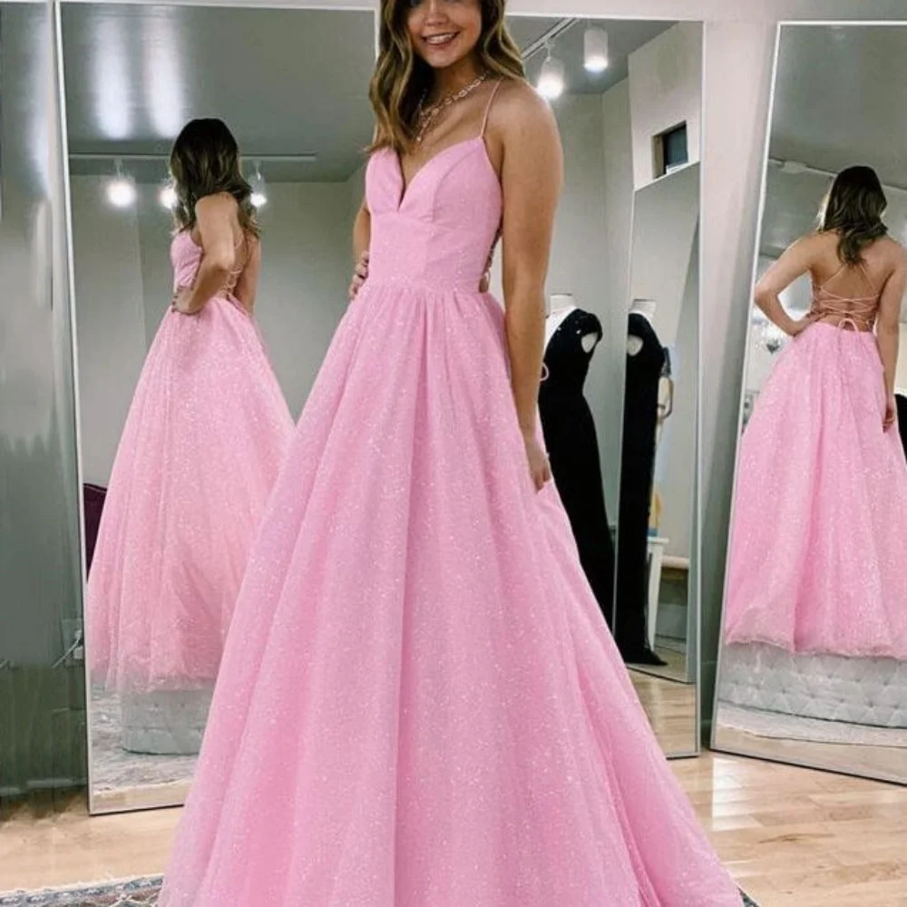 Romantic Prom Gowns Spaghetti Straps A Line Shiny Homecoming Dress Lace Up Floor Length Party Dresses New Arrival فساتين سهرة