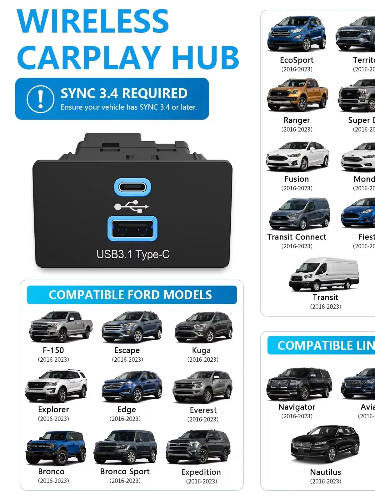 Neu für Ford & Lincoln F150 Mustang Mondeo Sync 3.4 Modelle Carplay & Android Auto Wireless Apple Carplay 2 USB Hub Modul Upgrade