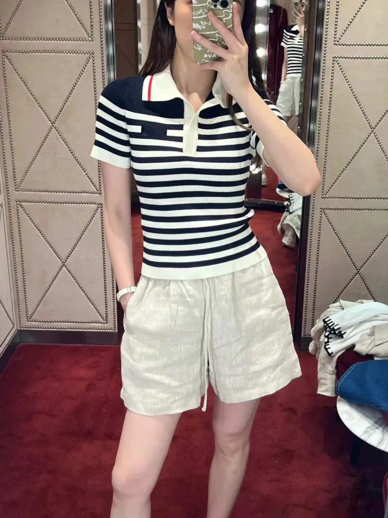 

College style women's T-shirt fashionable youthful vitality striped contrasting color slimming Polo collar knitted short sleeved