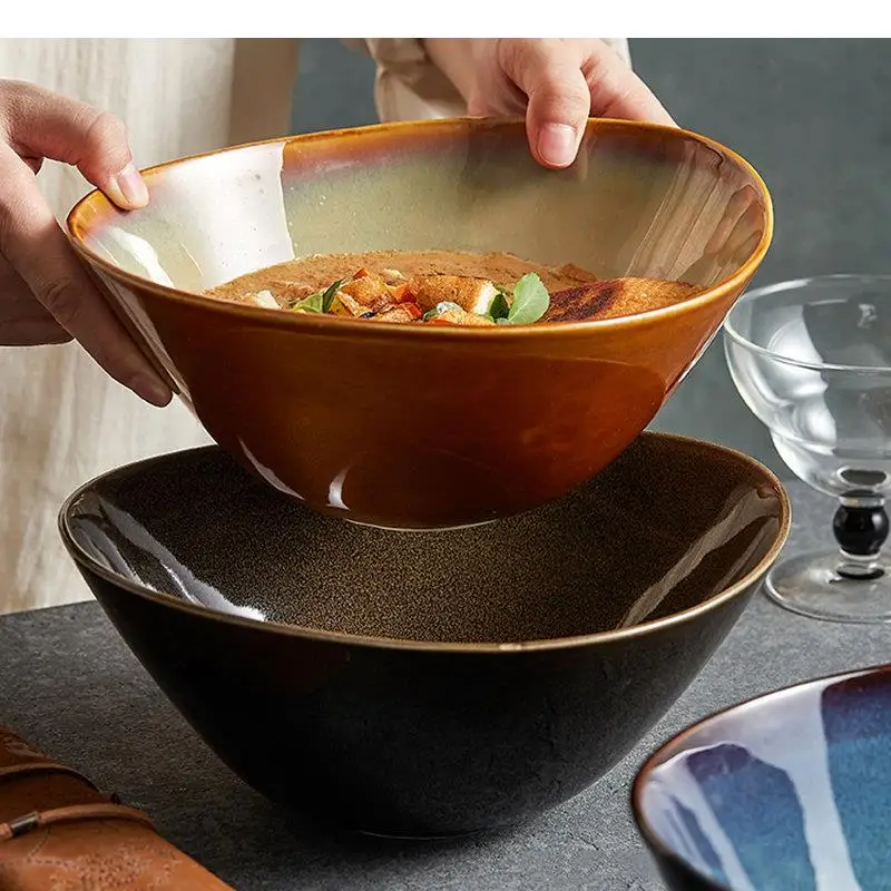 Ceramic Ramen Noodle Bowls Simple Snack Dessert Plates Restaurant Oval Specialty Tableware Fruit Salad Plate Soup Bowl