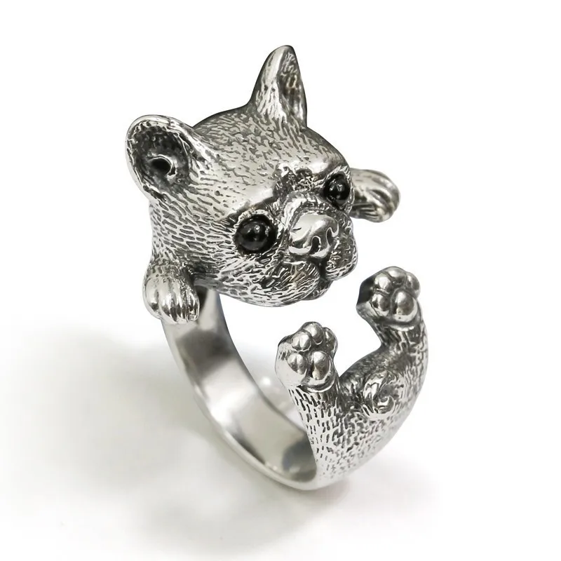 Retro Bulldog Puppy Ring For Men Women Cute Silver Color Adjustable Ring Pet Handmade Jewelry Accessories Unisex Gift For Lovers