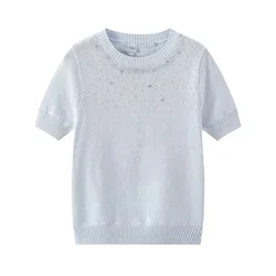 Zach Ailsa 2024 Summer New Product Women's Round Neck Short Sleeve Ribbed Top with Beaded Water Diamond Knitted Sweater