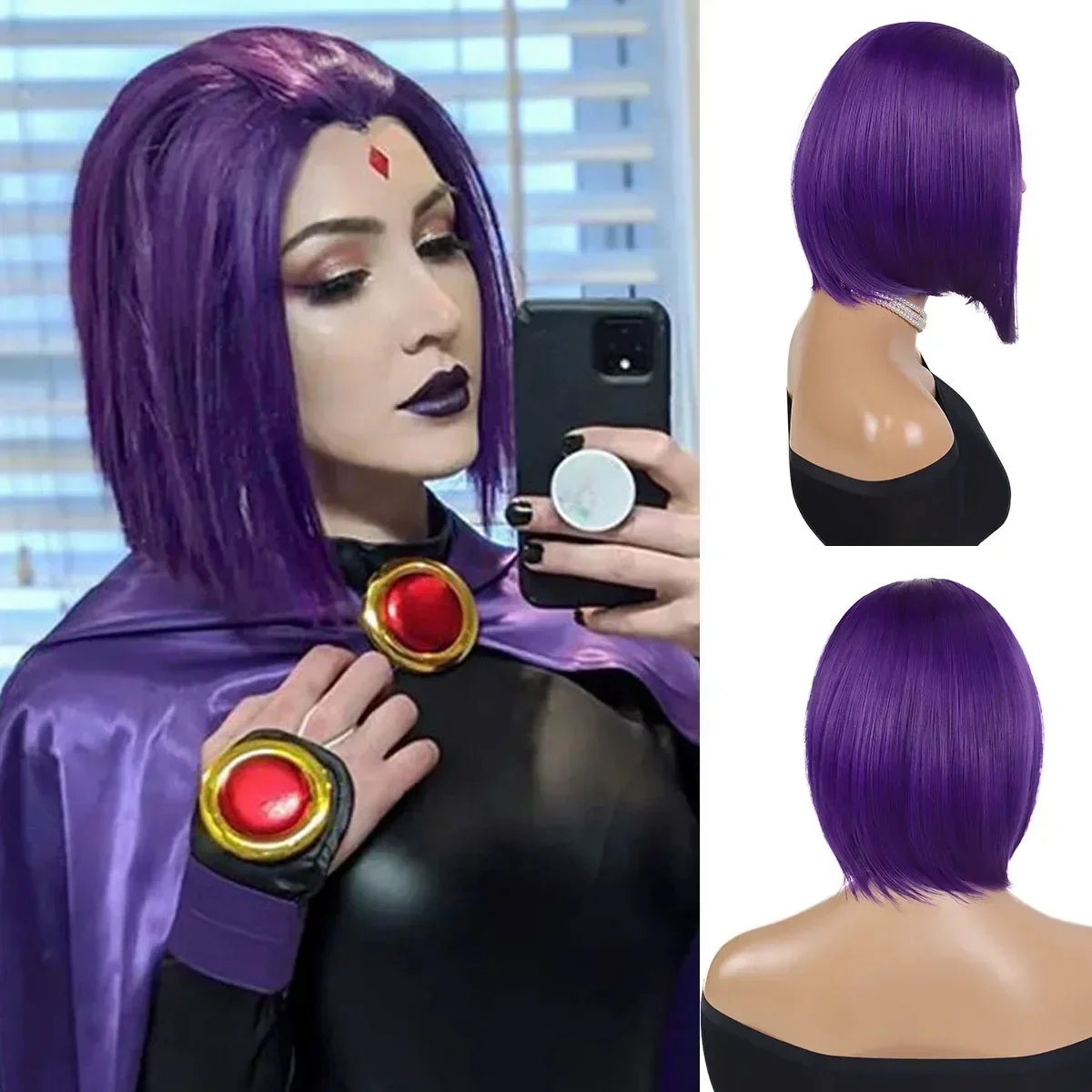 Premium Synthetic Raven Costume Wigs for Women Short Bob Purple Wigs Fake Scalp Straight Cosplay Wig Halloween Wig Dress Up