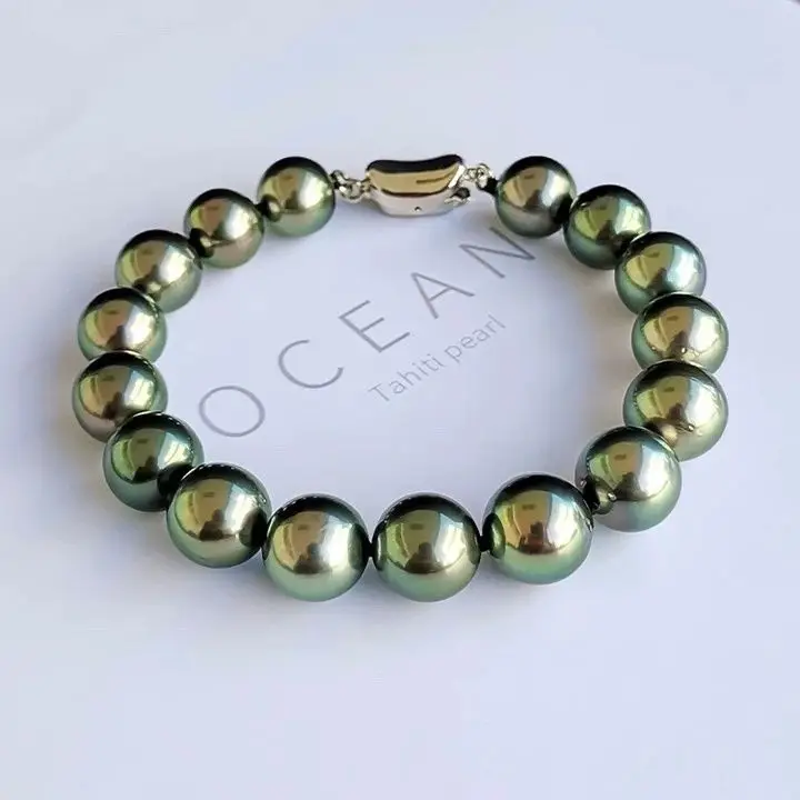 UMQ Natural Sea Black Pearl Tahitian Peacock Green Perfect Circle Flawless Strong Light Colorful Bracelet Gift Authentic