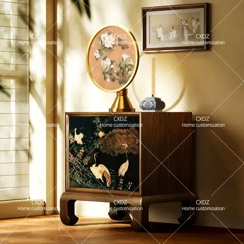 New Chinese Style Solid Wood Crane Painted TV Cabinet Song Aesthetics Bedroom Bedside Storage Low Console Table Home Decor