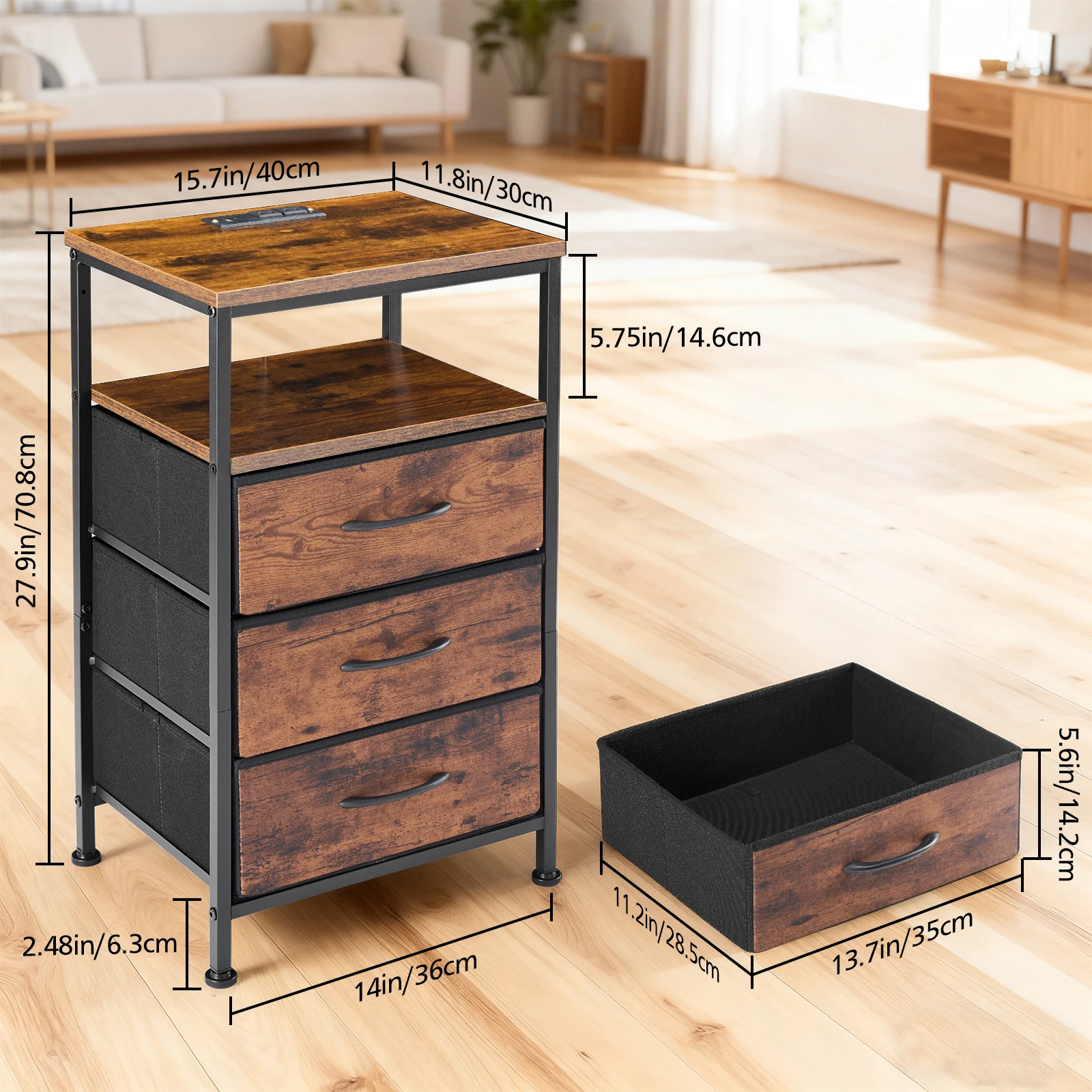 MCQ 3 Fabric Drawers Cabinets with Charging Station LED Light Strip Bedside End Table Storage Nightstand for Home Furniture