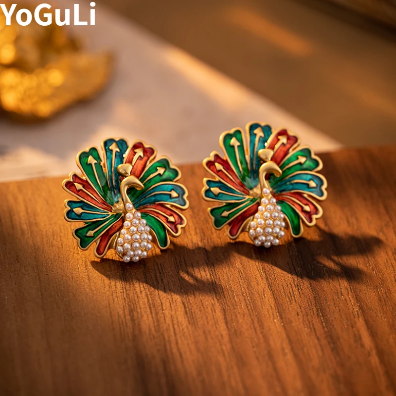 

Fashion Jewelry 925 Silver Needle Multi Color Simulated pearl Peacock Stud Earrings For Women Girl Gifts Vintage Temperament