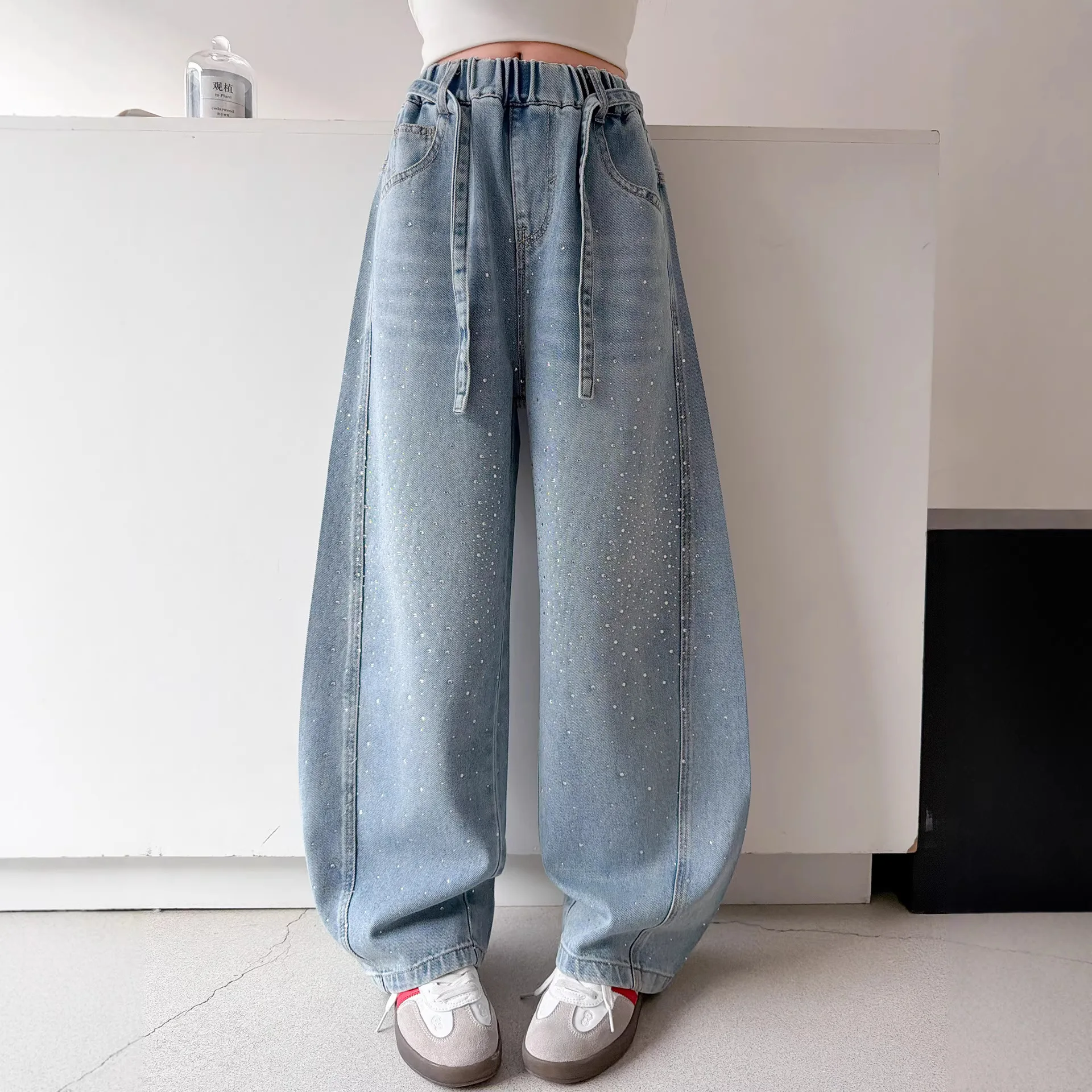 

Girls' Heat-Pressed Rhinestone Loose Denim Jeans, Saber Denim Wide-Leg Pants, Big Kids Spring Children's Pants