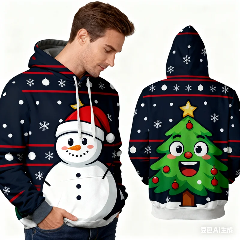 

Autumn Winter Men's Hoodie Funny 3D Christmas Snowman Pattern Sweatshirts Top Leisure Fashion X'mas Tree Print Loose Men Clothes