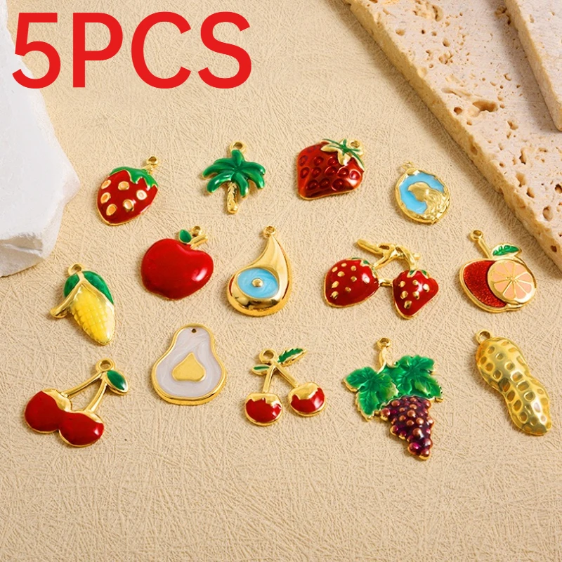 5Pcs Cute Colorful Fruit Enamel Charms 304 Stainless Steel Cherry Apple Strawberry Grape Coconut Tree DIY Jewelry Pendants