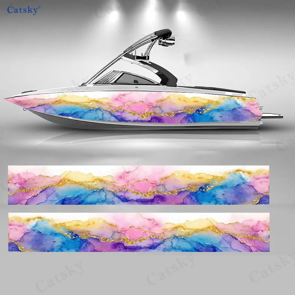 

2 шт. ярких радужных виниловых наклеек для лодки с мраморным узором, розово-синий вихревой рисунок, с блестящим золотым акцентом, для экстерьера лодки