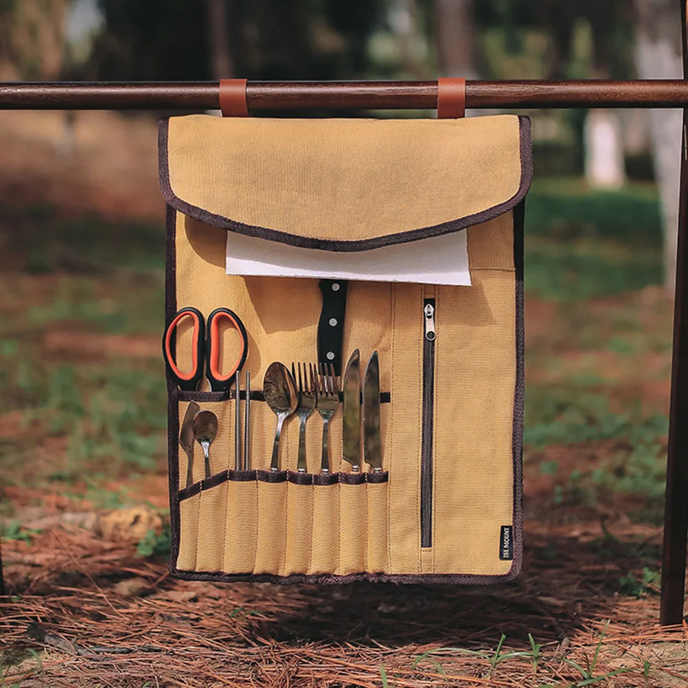 

Outdoor Tableware Storage Bag Camping Cutlery Organizer Portable Picnic Kitchenware Travel Serving Utensils Foldable Hanging