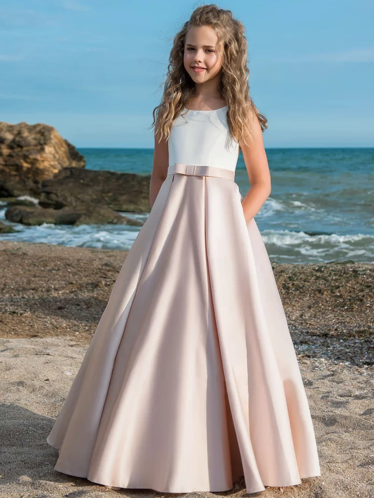 

Flower Girl Dresses White Pink Satin A-line Skirt With Bow Sleeveless For Wedding Birthday Party Banquet Princess Gowns