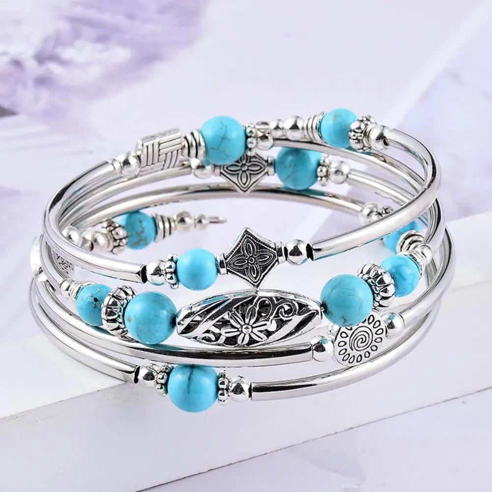 Women Bangle Natural Stones Ethnic Multi Layered Retro Female Bangle Blue Turquoise Beads Wrap Bracelet Jewelry Accessories