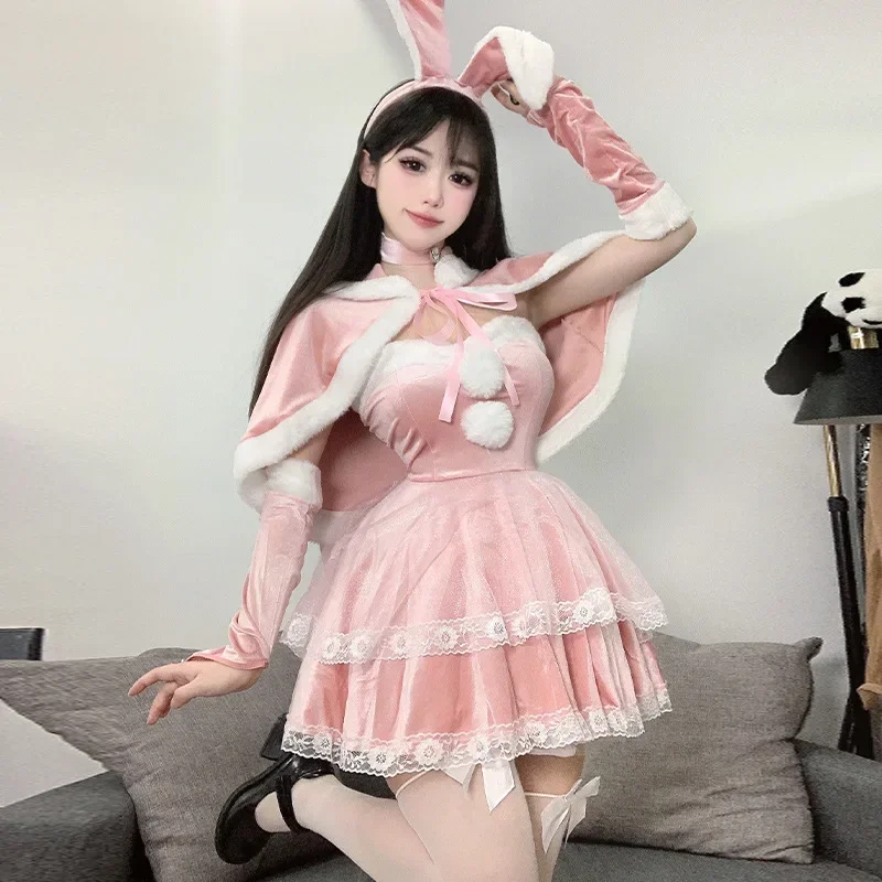 

Christmas Sexy Plush Bunny Girl Cosplay Uniform Kawaii Lace Costumes Velvet Princess Dress Anime Roleplay Outfits Underwear Pink