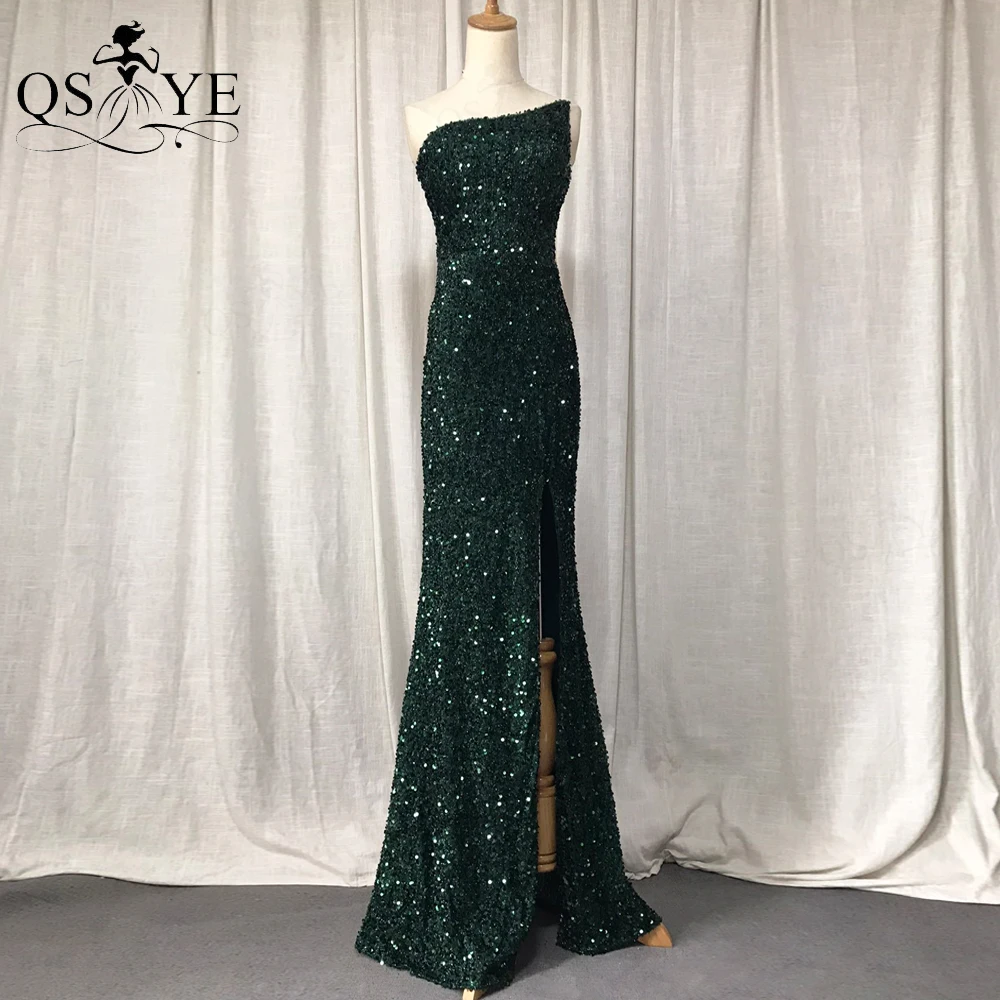 

One Shoulder Green Evening Dresses Sequin Mermaid Prom Gown Glitter Lace Long Formal Party Open Split Lady Fashion Dress Chic