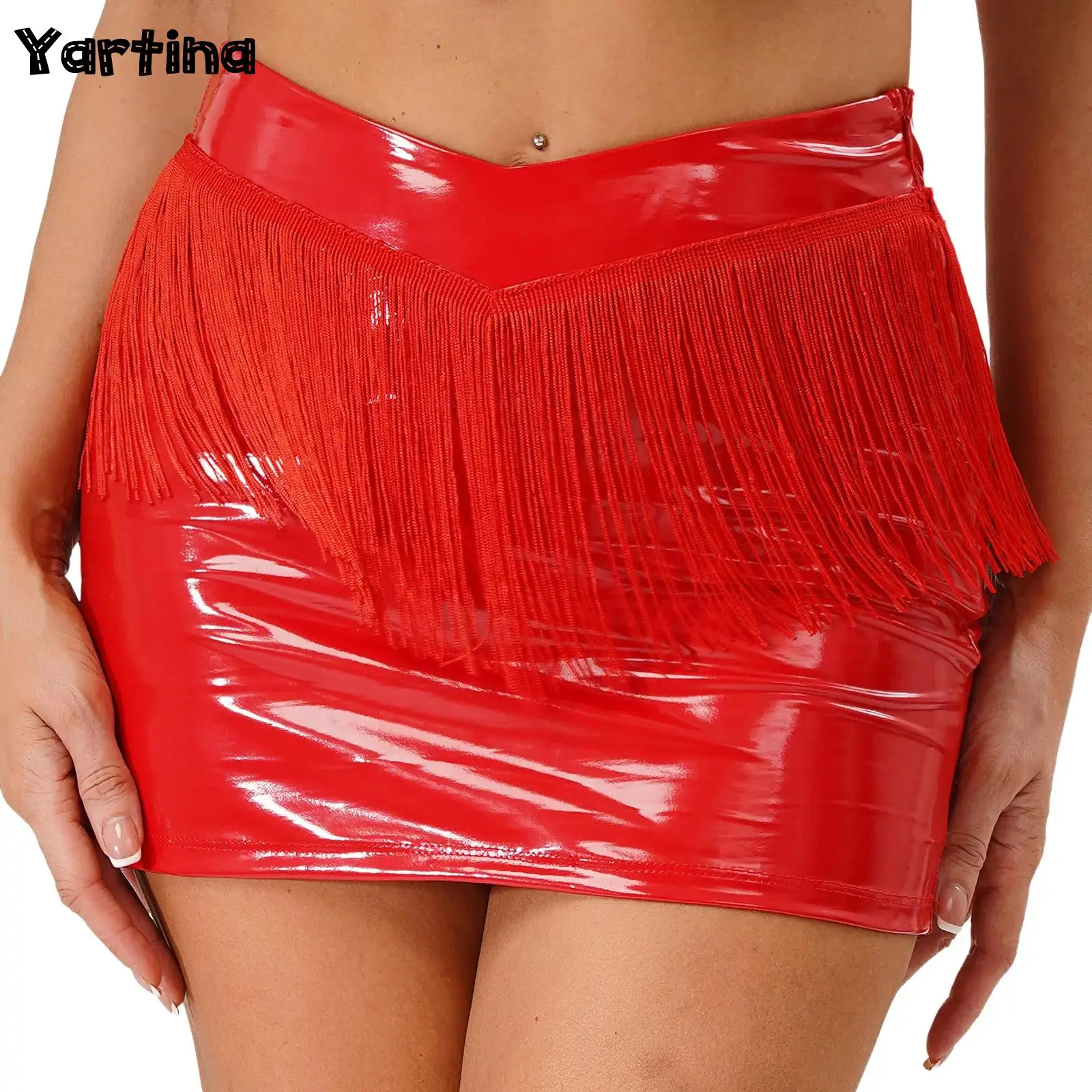 

Женская лакированная кожа с бахромой, латексная мини-юбка с v-образным вырезом спереди, невидимая молния, мини-юбка, наряд для танцев на пилоне, костюм для рейва, клубная одежда