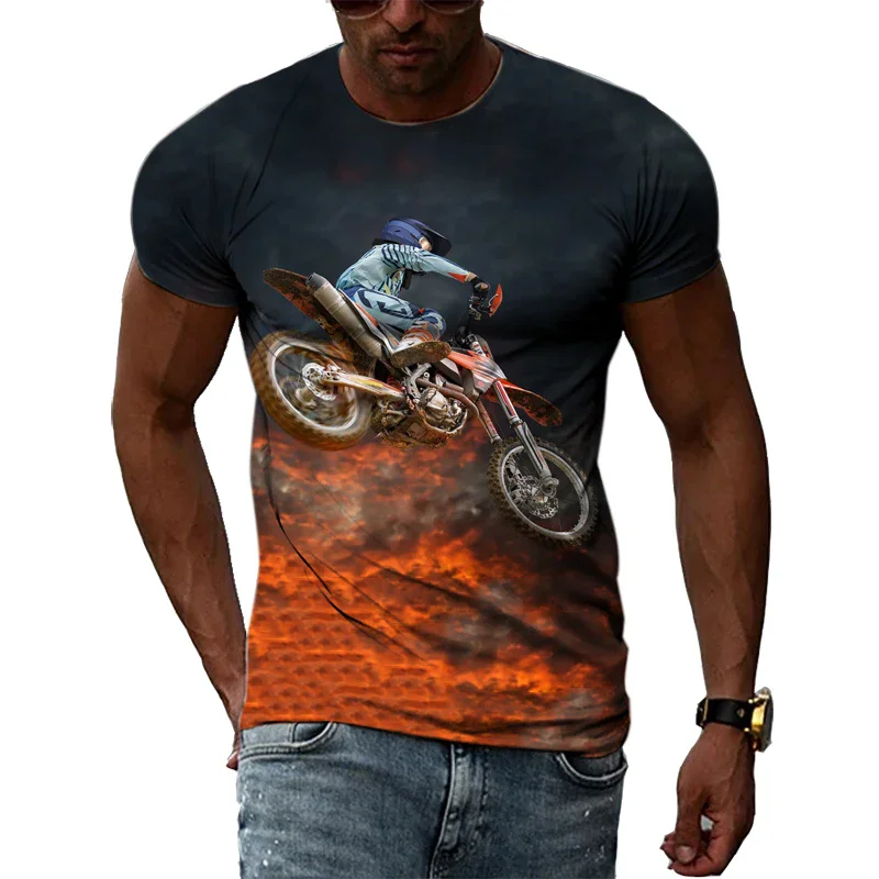 Men's motorcycle off-road sports T-shirt, 3D printed clothing, street style, casual, hip-hop, personality, round neck