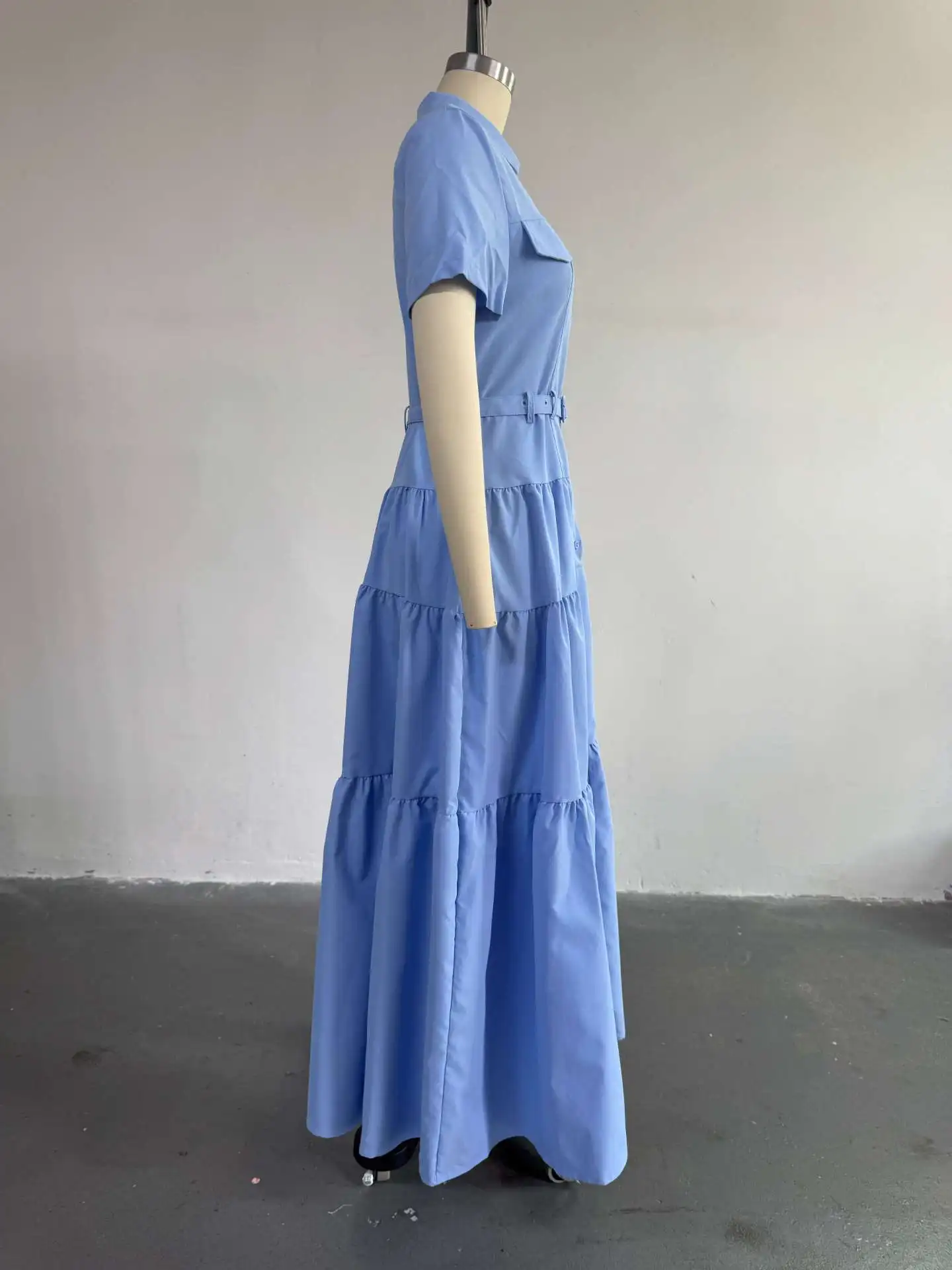 Summer Shirt Dress Women Fashion Turn-Down Collar Short Sleeve Solid Color Button Waist Belt A-Line Shirt Dress
