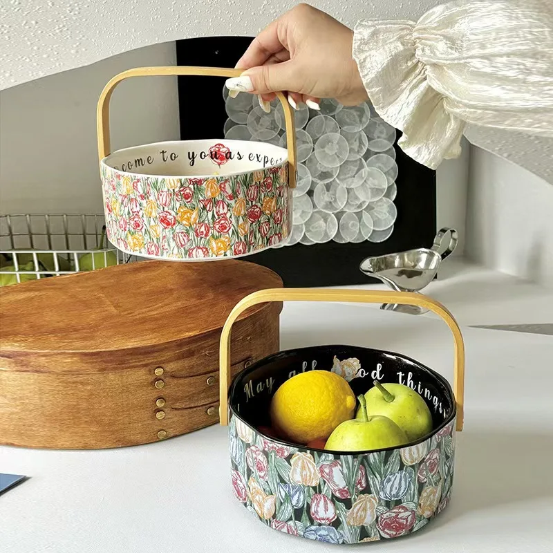 

Ceramic Retro Handheld Fruit Plate Household Snack Candy Box Exquisite High-End Light Luxury Nut Fruit Basket Dessert Plate