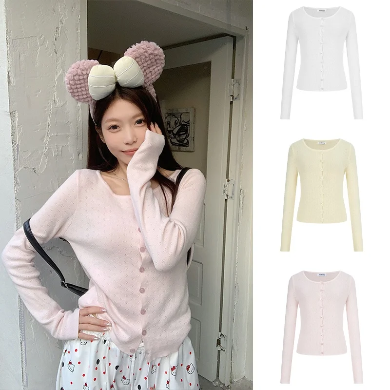MosesQueen Pink Open Cardigan Women's Spring New Style Slimming Base Layer Long Sleeve Top Cute Style Cotton Knitted Sweater
