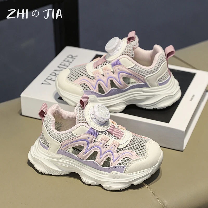 Summer New Rotating Button Sandals Hollow Sneaker Boys Girls Trendy Little White Shoes Mesh Breathable Lightweight Footwear