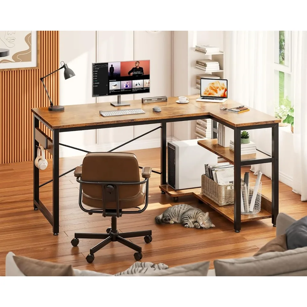 مكتب مدمج على شكل حرف L مقاس 40 بوصة مع مساحة تخزين وحامل كمبيوتر للألعاب المنزلية والاستخدام المكتبي