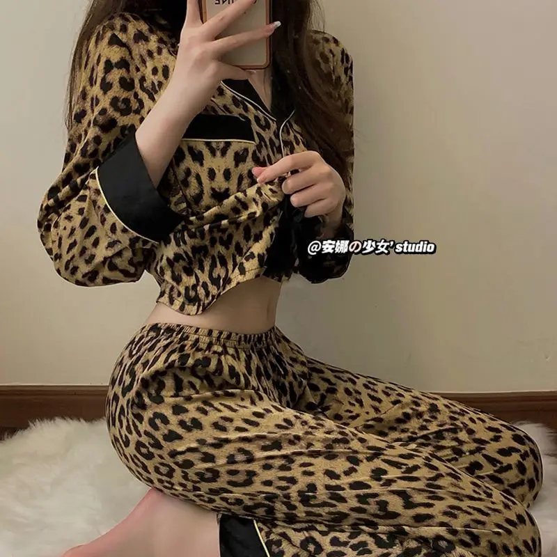 Women's Pajamas Set Spring and Autumn Leopard Print Long-Sleeved Trousers Sleepwear Fashion Ladies Loungewear Casual Homewear