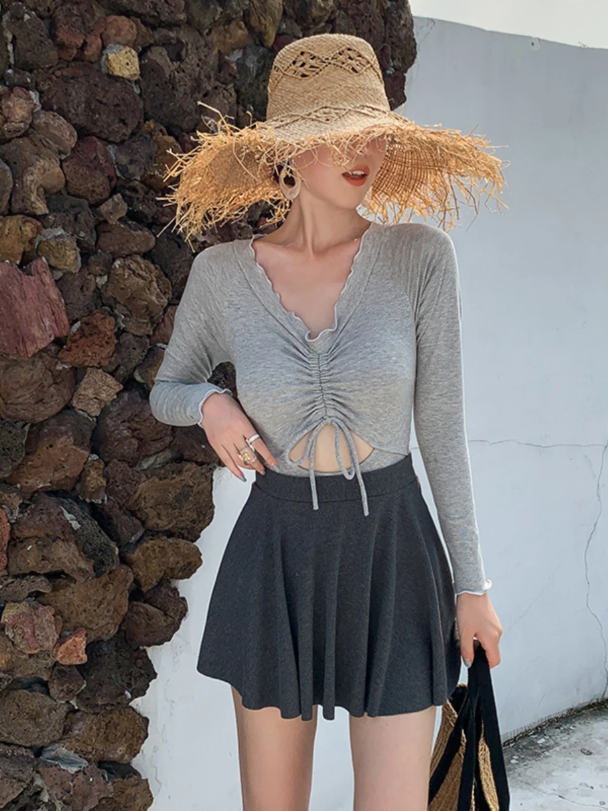 

Модный женский купальник с длинными рукавами и съемной юбкой для термальных источников, удобный повседневный фитнес-купальник