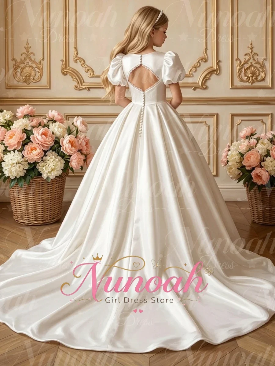 Satin Flower Girl Dresses for Wedding with Trail Puffy Sleeves Girl Birthday Gown for Photoshoot First Communion Gown Customized
