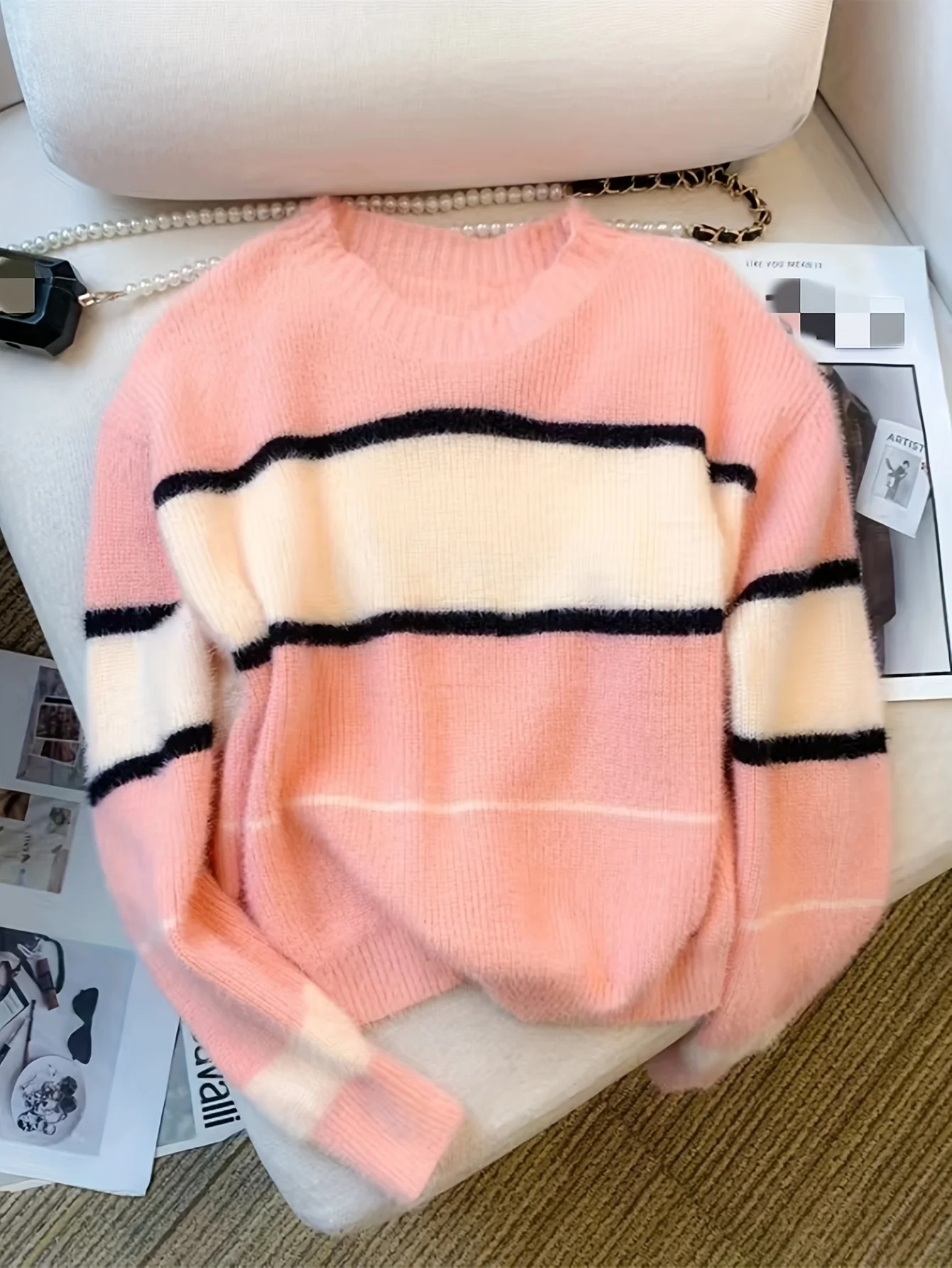 Women Pink Beige Striped Fuzzy Mohair Knit Sweater Round Neck Long Sleeve Loose Fit Casual Lady Y2K Korean Style All Season