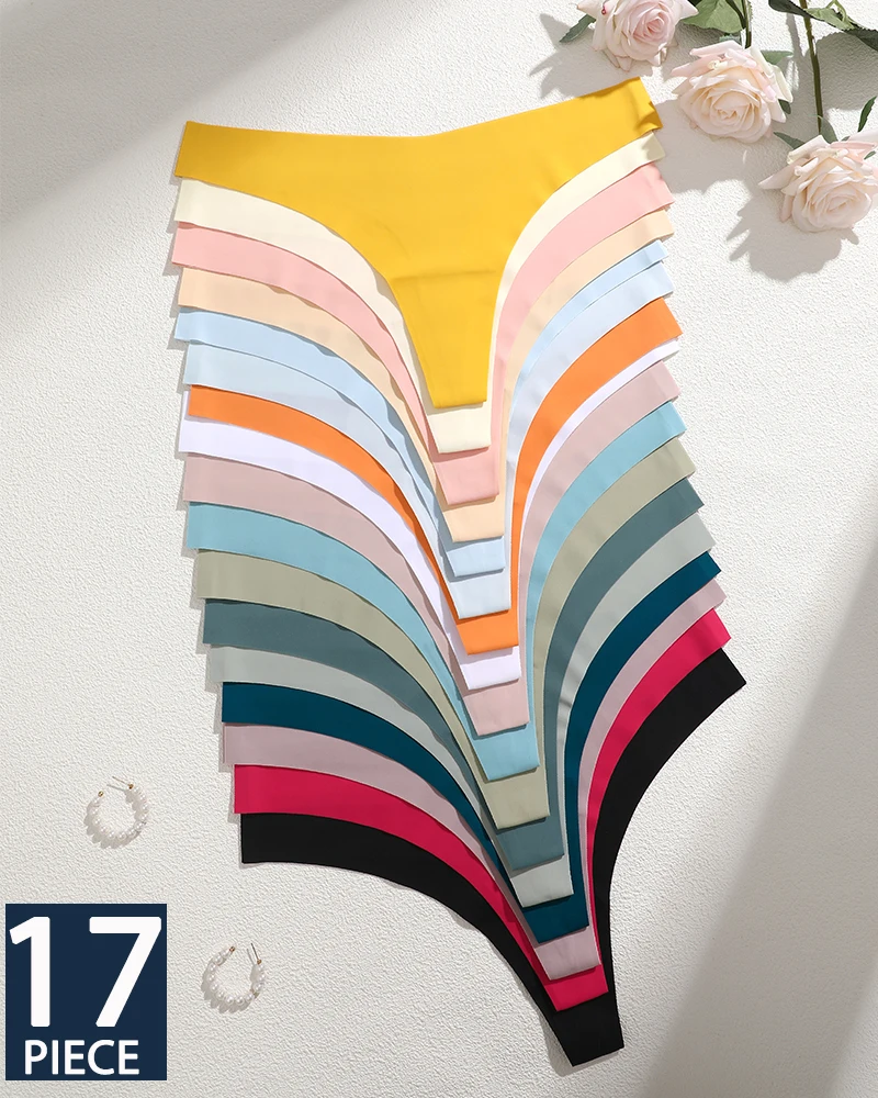 

FINETOO 17 шт. бесшовные стринги женские из ледяного шелка с Т-образной спинкой интимные однотонные дышащие трусы с промежностью сексуальное танга несколько 10 цветов нижнее белье