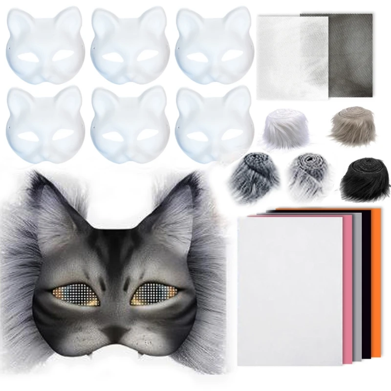 

Unpainted Masquerades Mask with Furry Trim Adhesive Fabric Net Cloth Cats Face Mask Unpainted Mask for Halloween Supply Y1QD