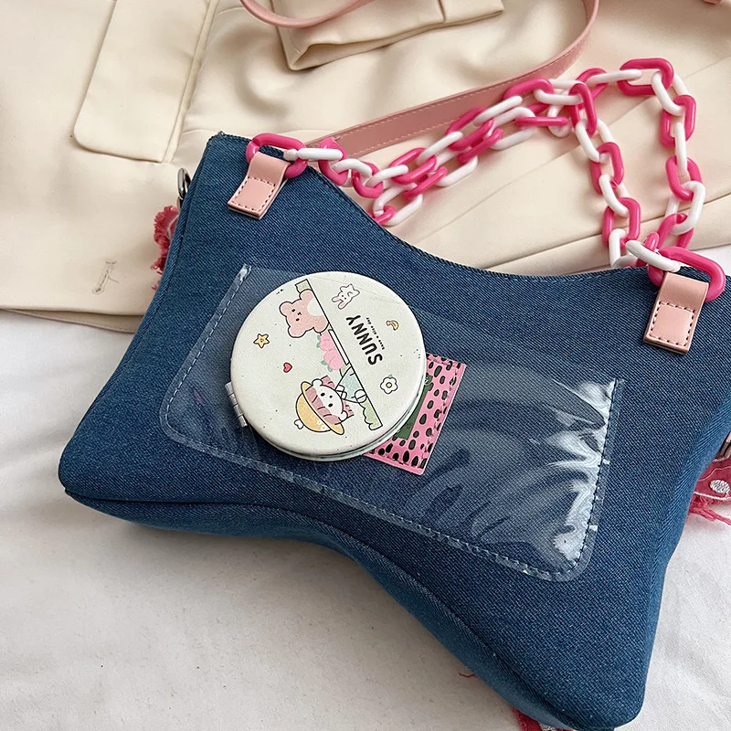 Underarm Bag with Bow Knot, Beauty Pink Butterfly Handheld Chain Bag, Lady Style INS Denim Tassel Shoulder Bag