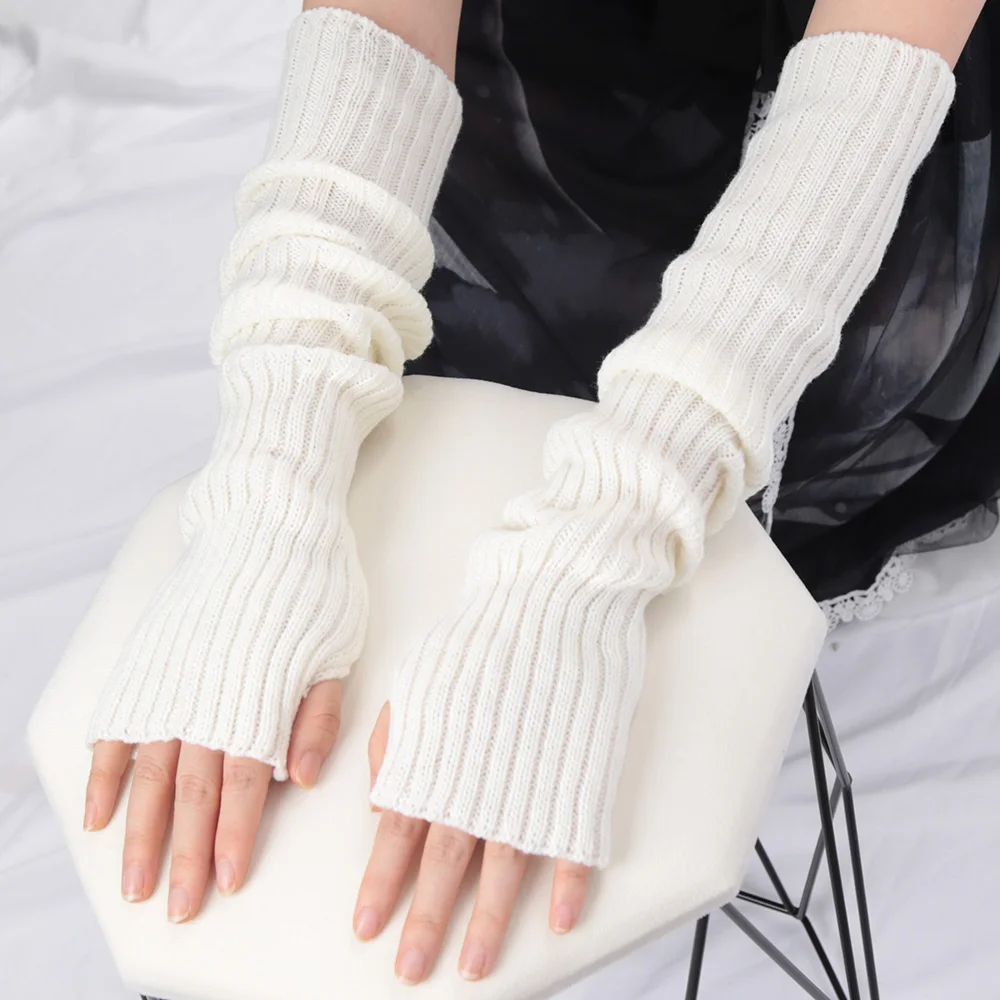 2024 New 52cm Women Knit Arm Sleeves Japanese White Black Goth Kawaii Long Fingerless Gloves for Girls Harajuku Accessories