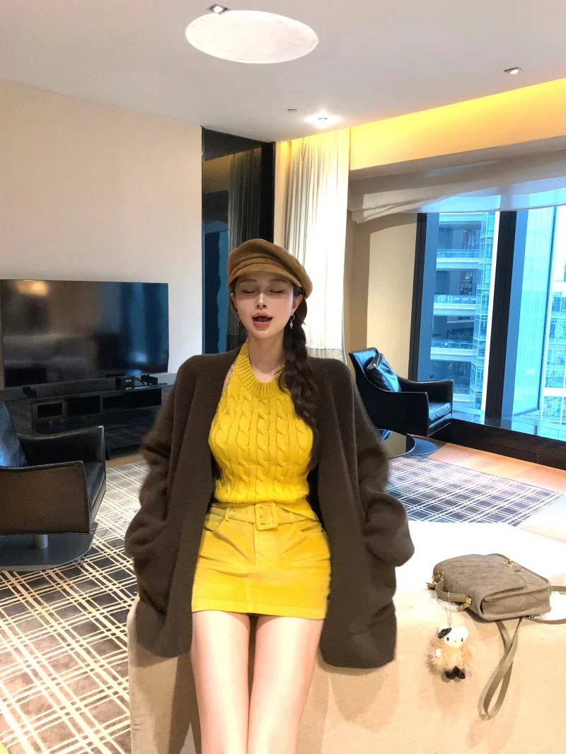 

Элегантный вязаный свитер-пальто, женский зимний повседневный комплект с юбкой-миди, костюм из трех предметов: теплый, удобный, дышащий, модный