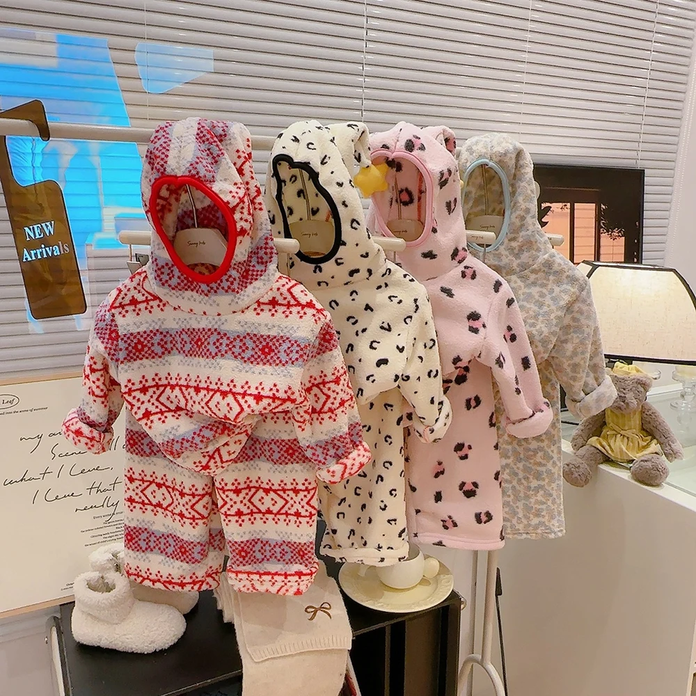 MILANCEL Children's Pajamas 1-9T Kids Pajamas Winter Fleece Lining Pajamas for Girls Leopard Print Floral Boys Homewear Set