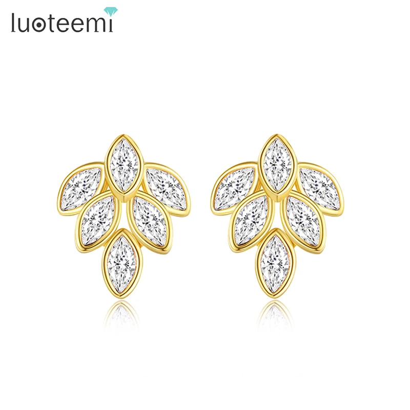 LUOTEEMI Leaf Gold Color Cubic Zirconia Stud Earrings Stunning Brilliant Special Design Earring for Women Bridal Wedding Jewelry