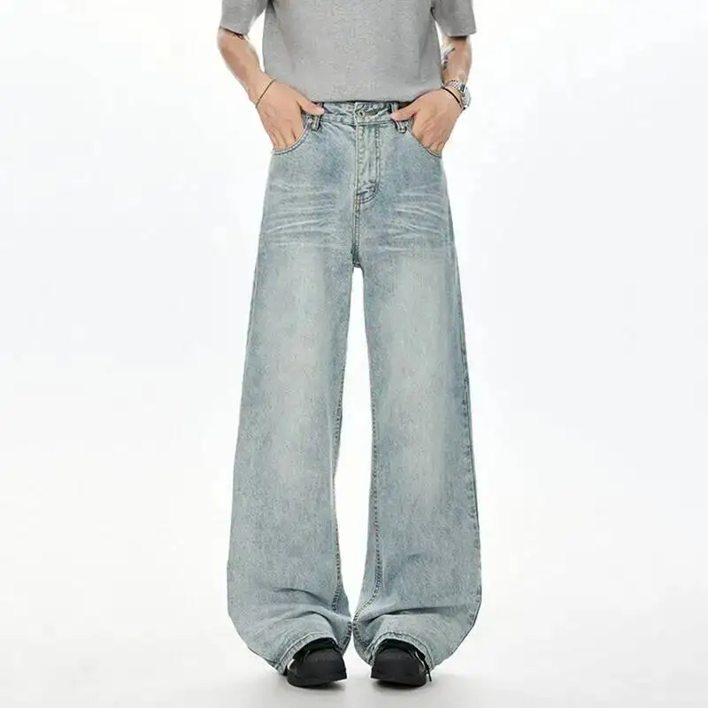 Korean Style Men Denim Pants Solid Color Washed Moustache Effect Wide Leg Trousers Loose Male Straight Jeans Summer 9W51R7