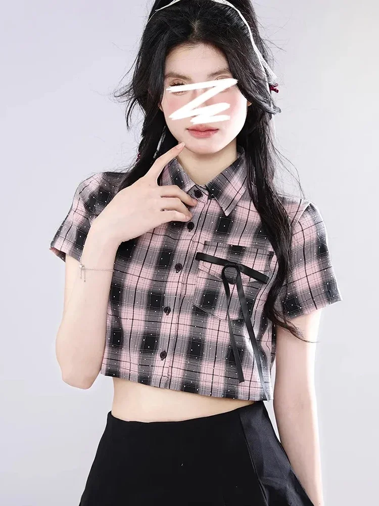 

Американская укороченная клетчатая рубашка Y2K, женская уличная одежда, повседневная сексуальная тонкая винтажная блузка в стиле Харадзюку, летние женские топы с короткими рукавами