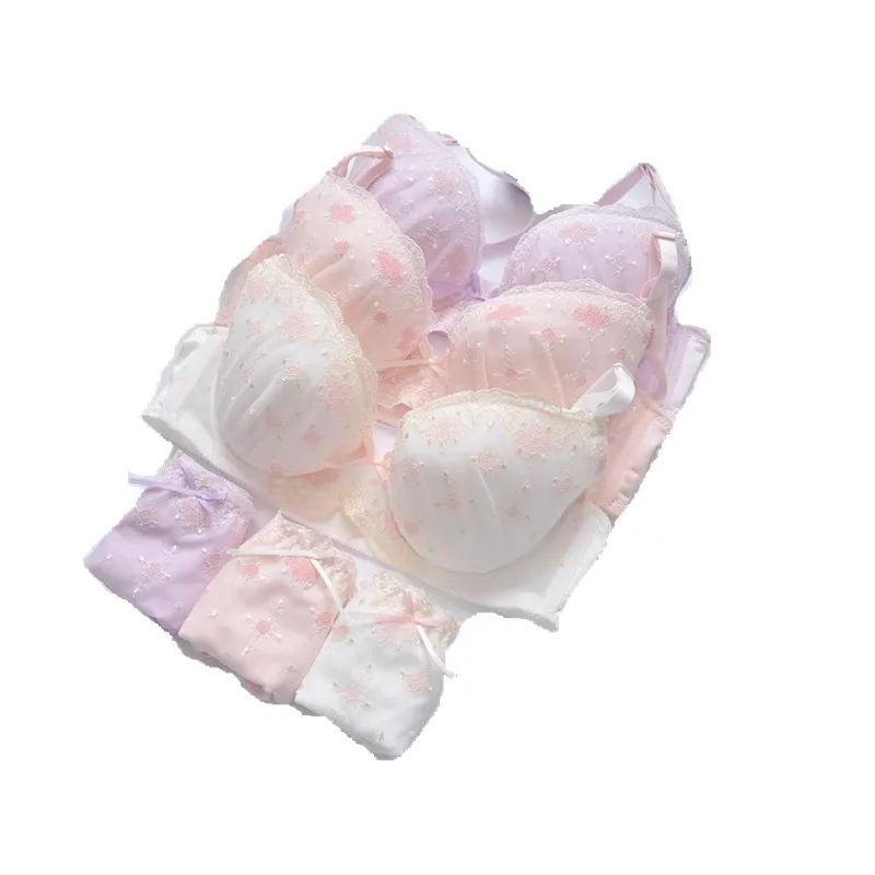 Cute Embroidered Three-Color Japanese Style Bra Set Thin Cup No Sponge Youthful Summer Underwear Cotton Pad Removable Straps