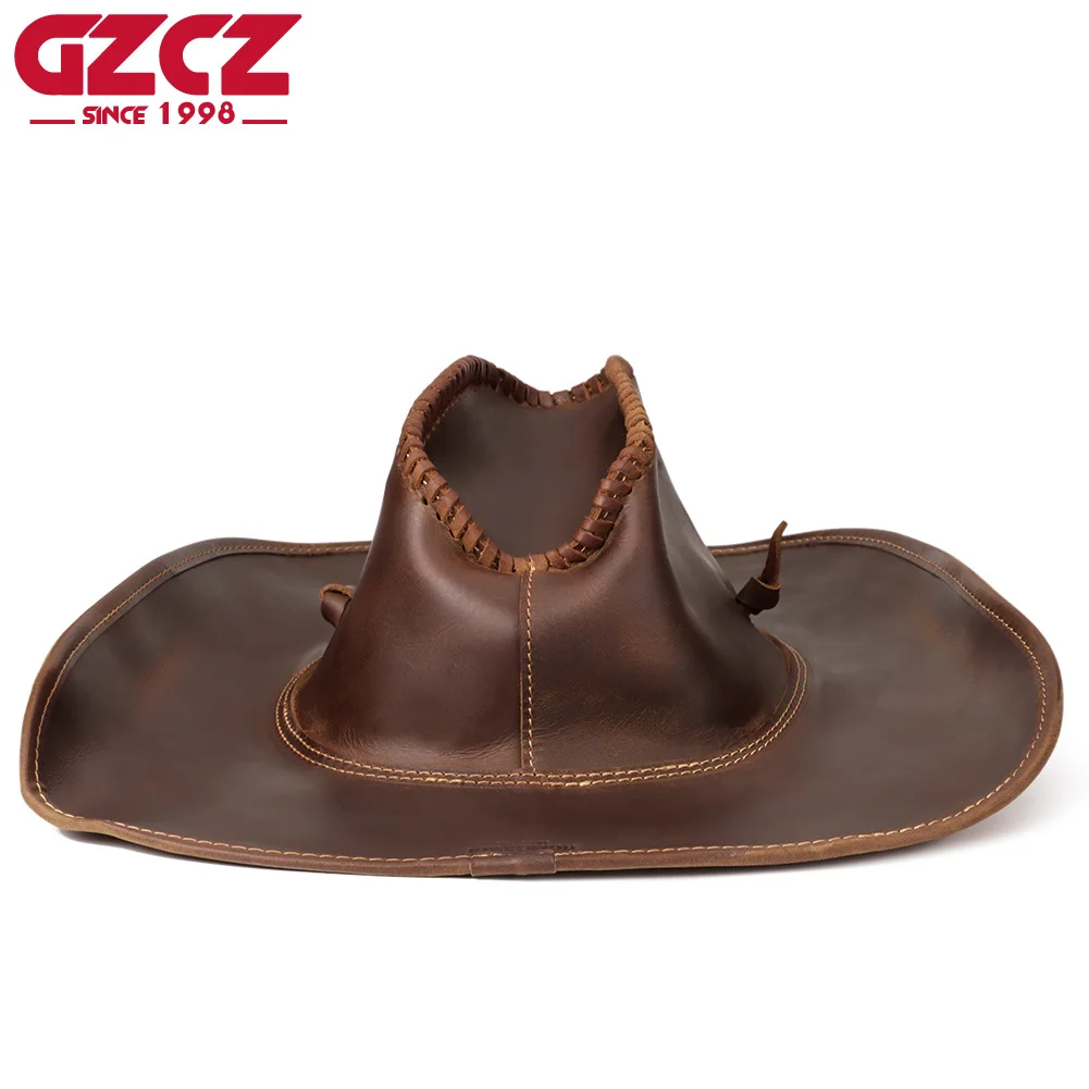 

GZCZ 100%Real Leather Cowboy Hats Retro Western Outdoor new Handcraft Shapeable large brimmed wide border sunshade hats ﻿