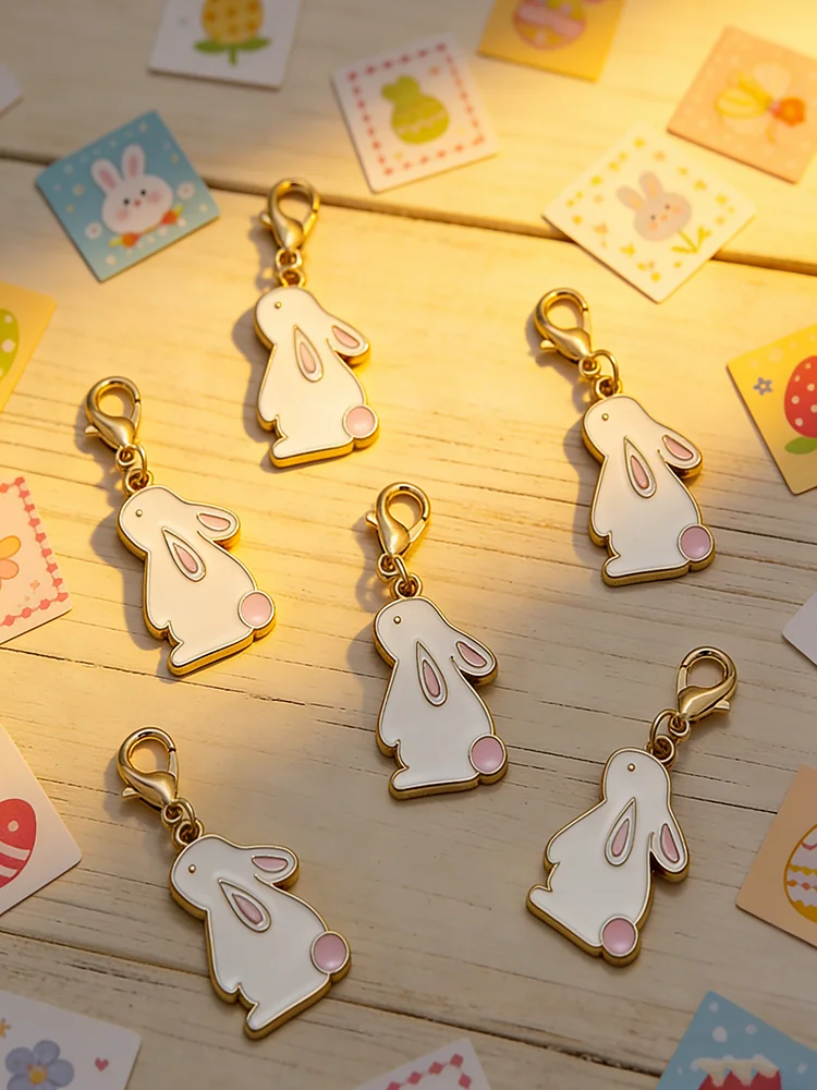 Niedlicher Hasen-Schlüsselanhänger, rosa-weiß, Emaille, Hasen-Taschenanhänger, 20 Stück, Großhandel, Oster-Geschenk für Frauen und Kinder – Detail 1