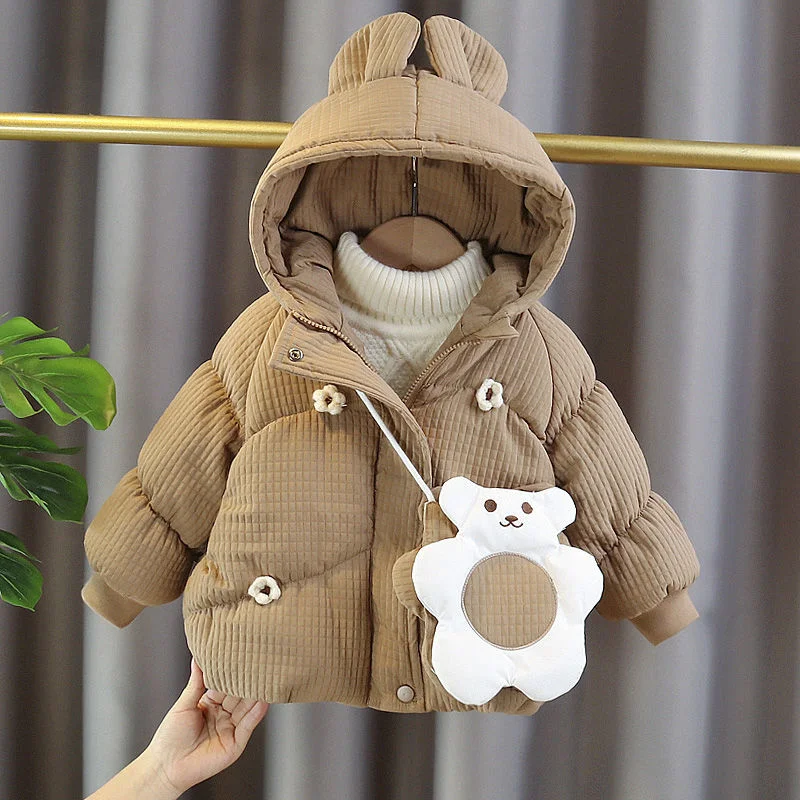 

Girls' And Boys' Winter Cotton Coat 2023 New Children's Clothes Thickened Plush Hooded Loose Casual With Lovely Satchel Outwear